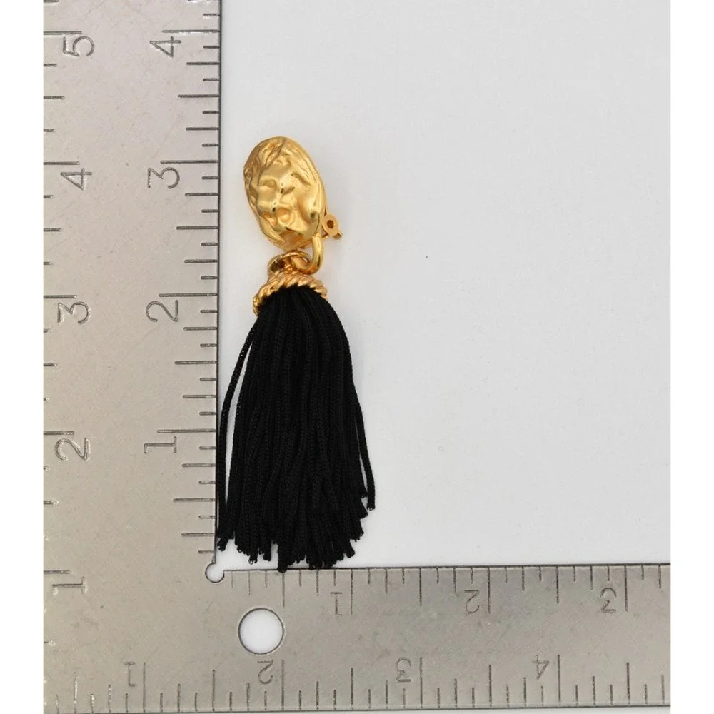 Vintage Lion Head Black Tassel Clip On Statement Earrings Brushed Gold 80s BinAR